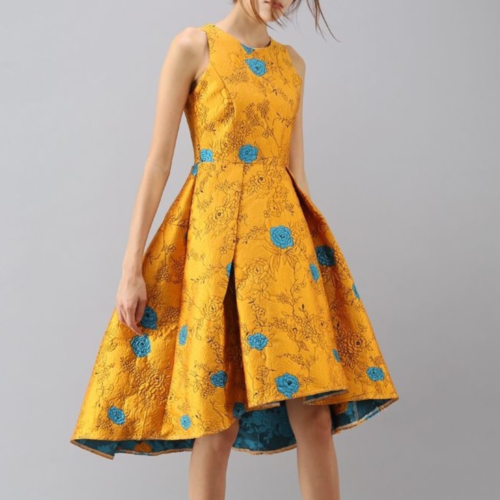 Chicwish Gold Floral Fit & Flare High Low Hem Midi Dress